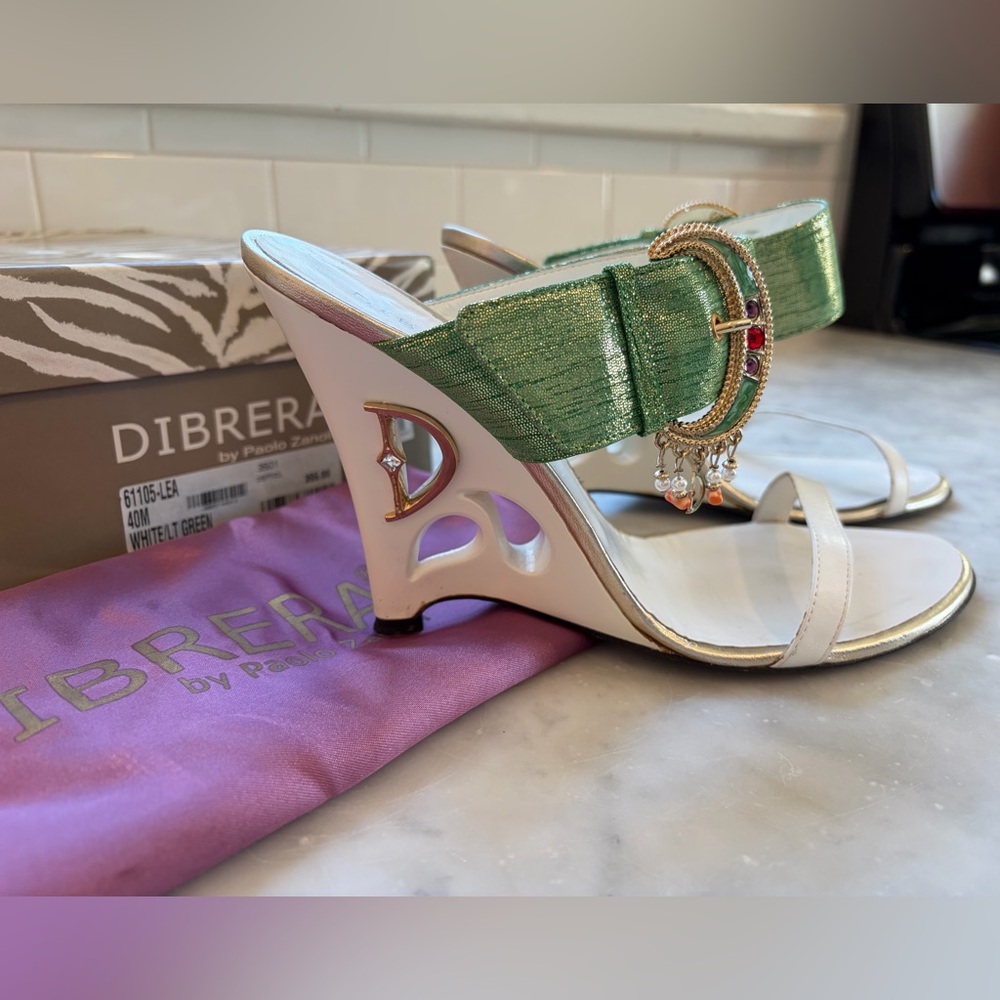 Vintage Italian Green & White Embellished Wedge Heels by Paolo Zanoli